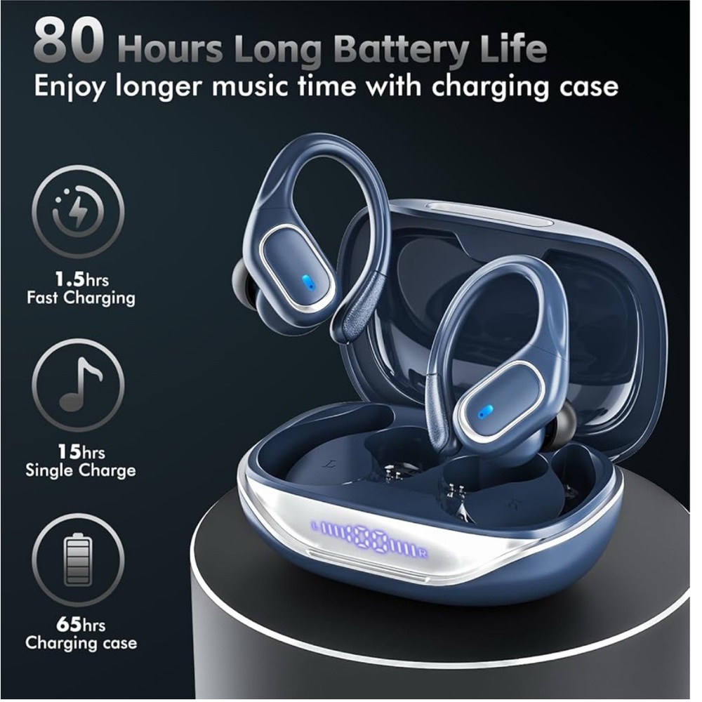 80 Hrs Playback Batt True Wireless Earbuds for Sport, Charging Case Waterproof